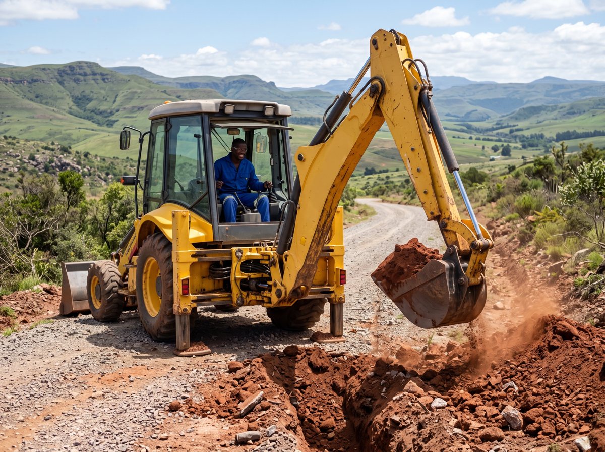 Yellow backhoe loader digging a trench beside a gravel road
