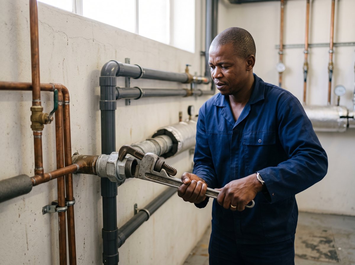 Plumber tightening a pipe union with a wrench in a plant room