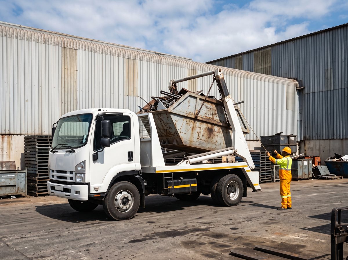Skip loader truck lifting an industrial skip in a factory yard