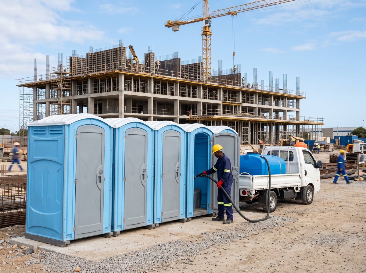 Row of portable chemical toilets being serviced on a construction site