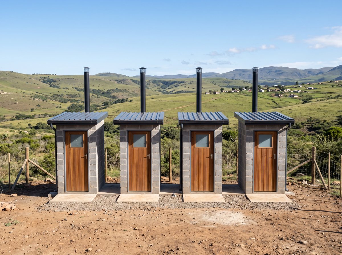 Row of newly built ventilated improved pit toilets on a construction site
