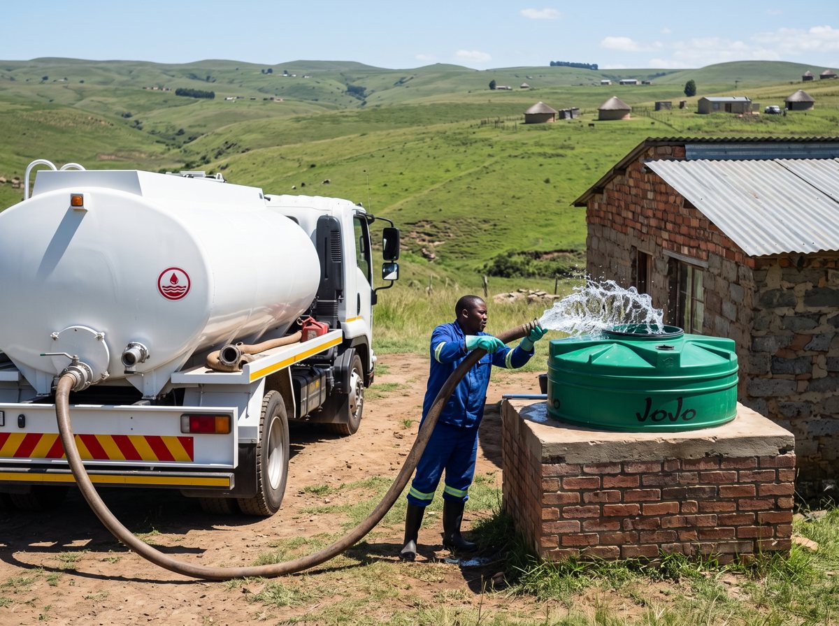 Worker filling a green water tank from a tanker hose at a rural home
